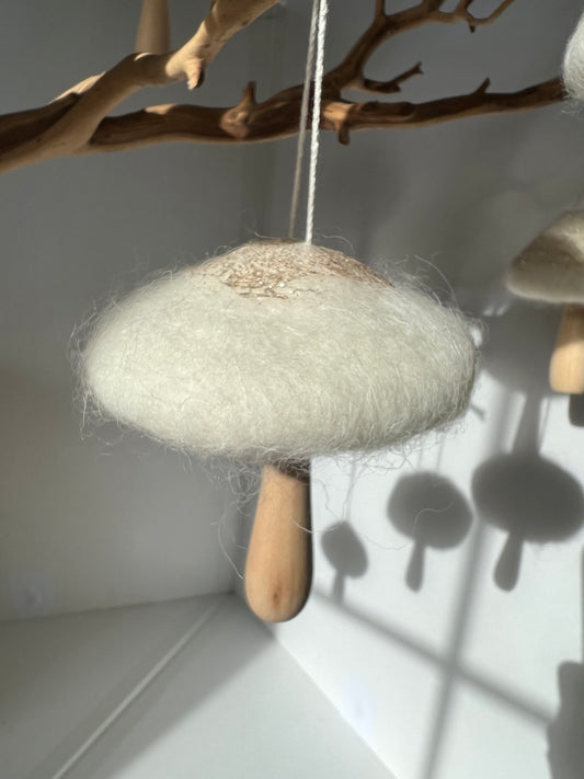 Off White Felt top Mushroom ornament with wood base