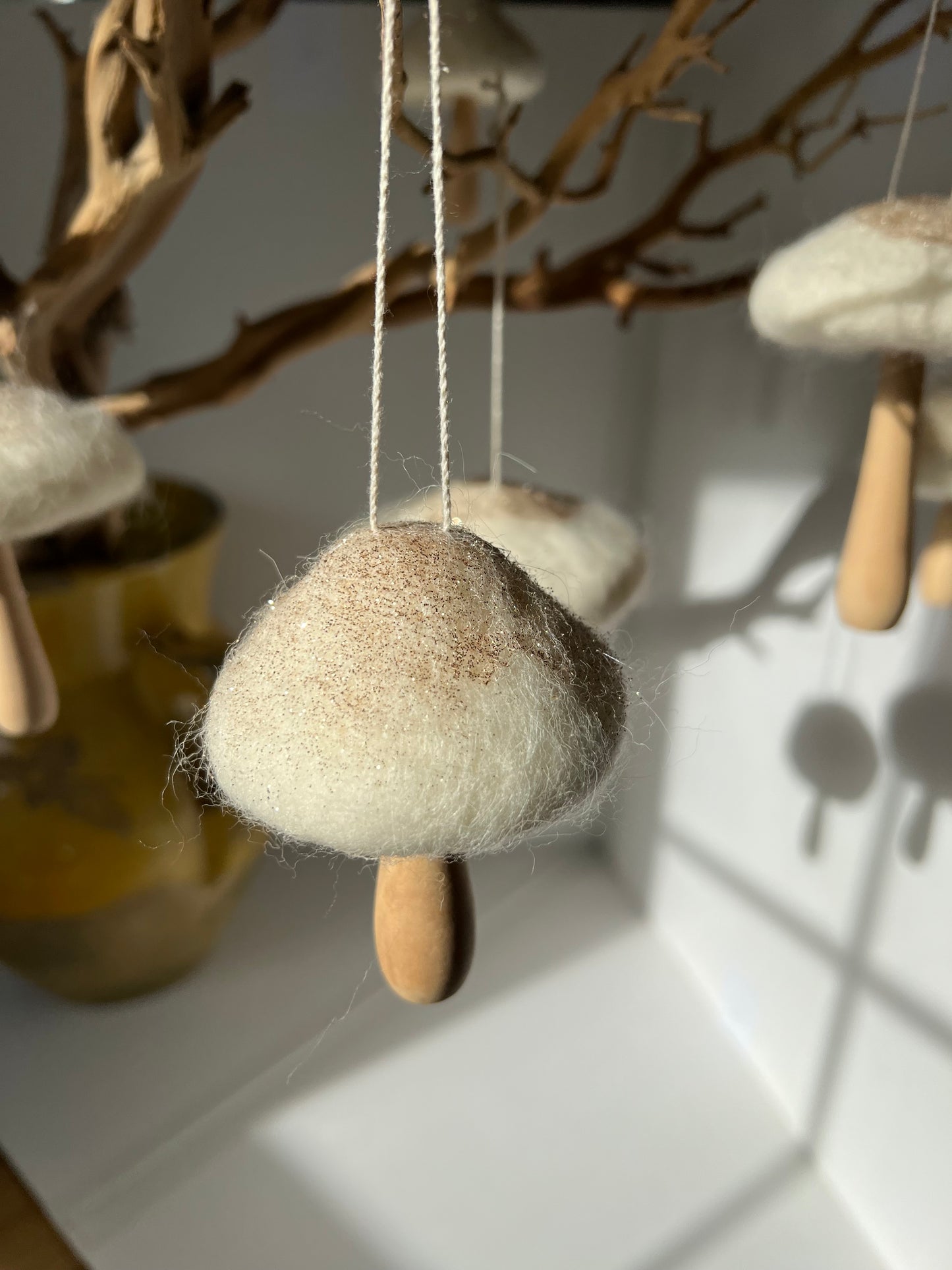 Off White Felt top Mushroom ornament with wood base