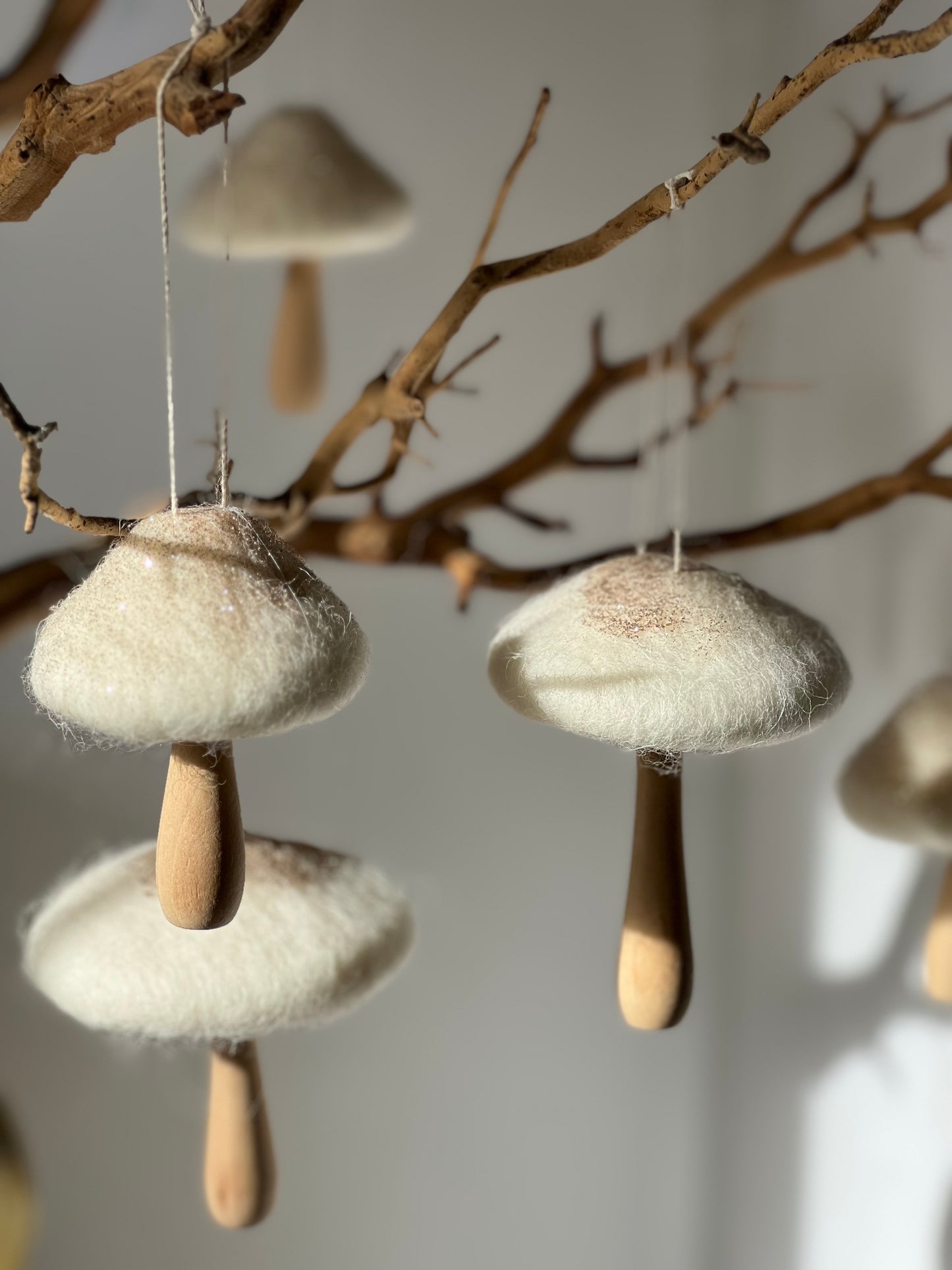 Off White Felt top Mushroom ornament with wood base