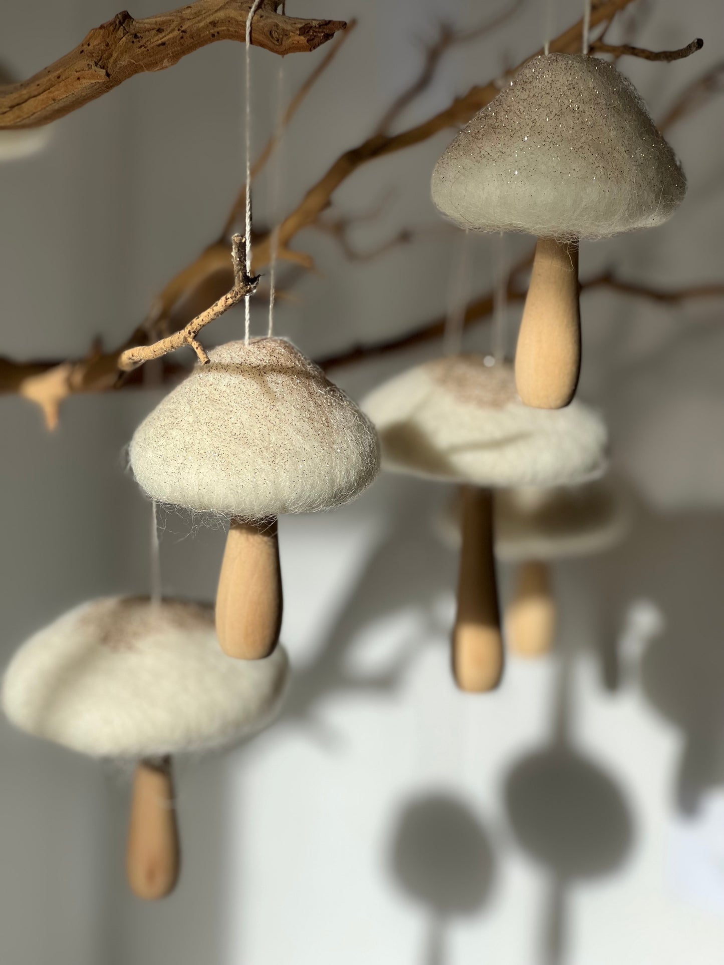 Off White Felt top Mushroom ornament with wood base