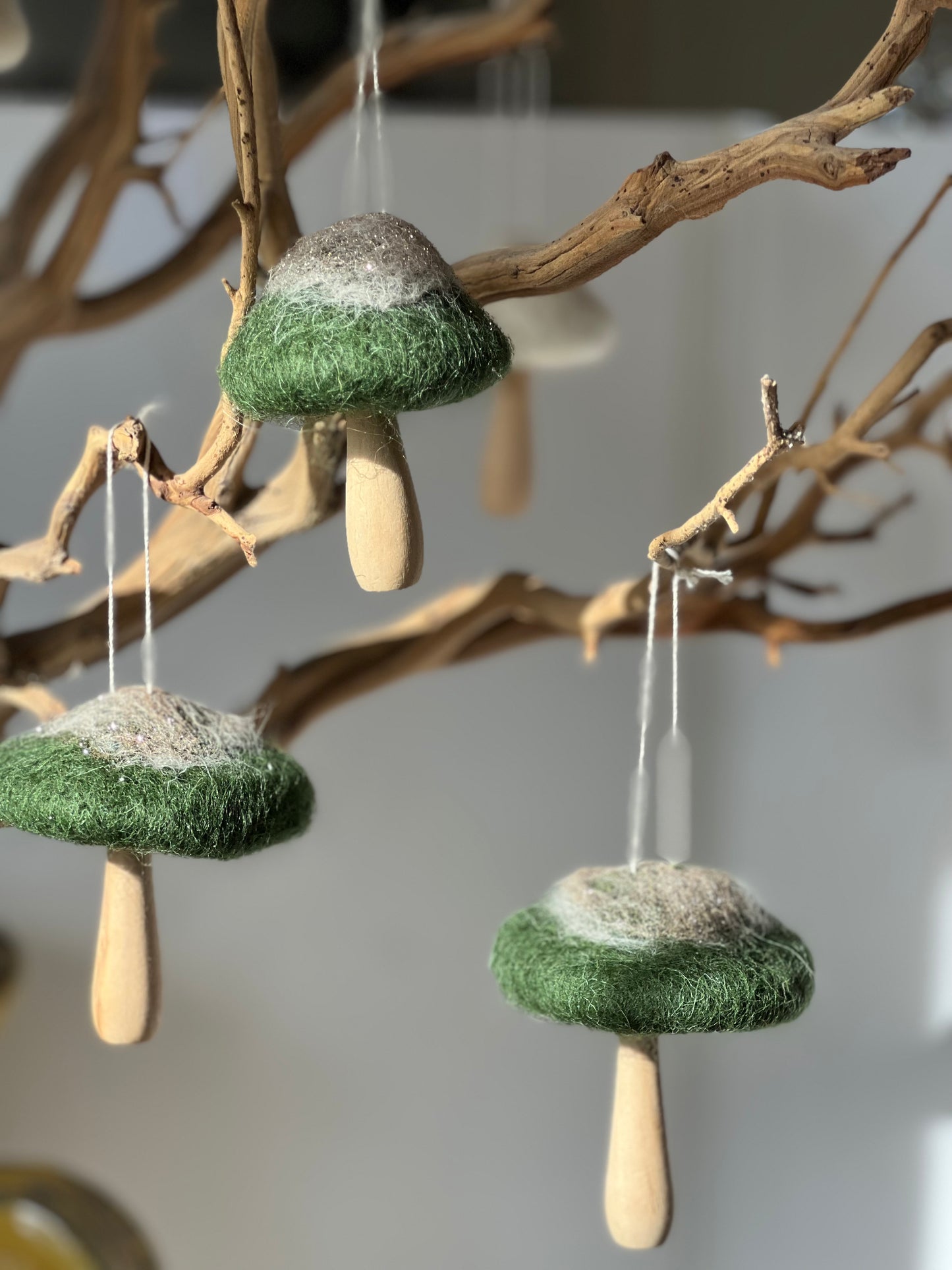 Felt Top Mushroom Ornament-Dark Green