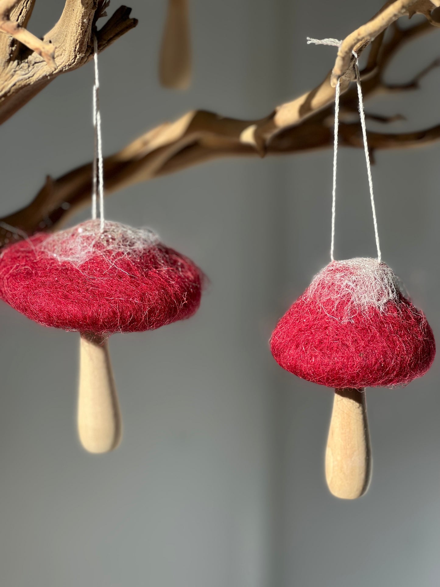 Red Felt Top Mushroom Ornament with Wood Base