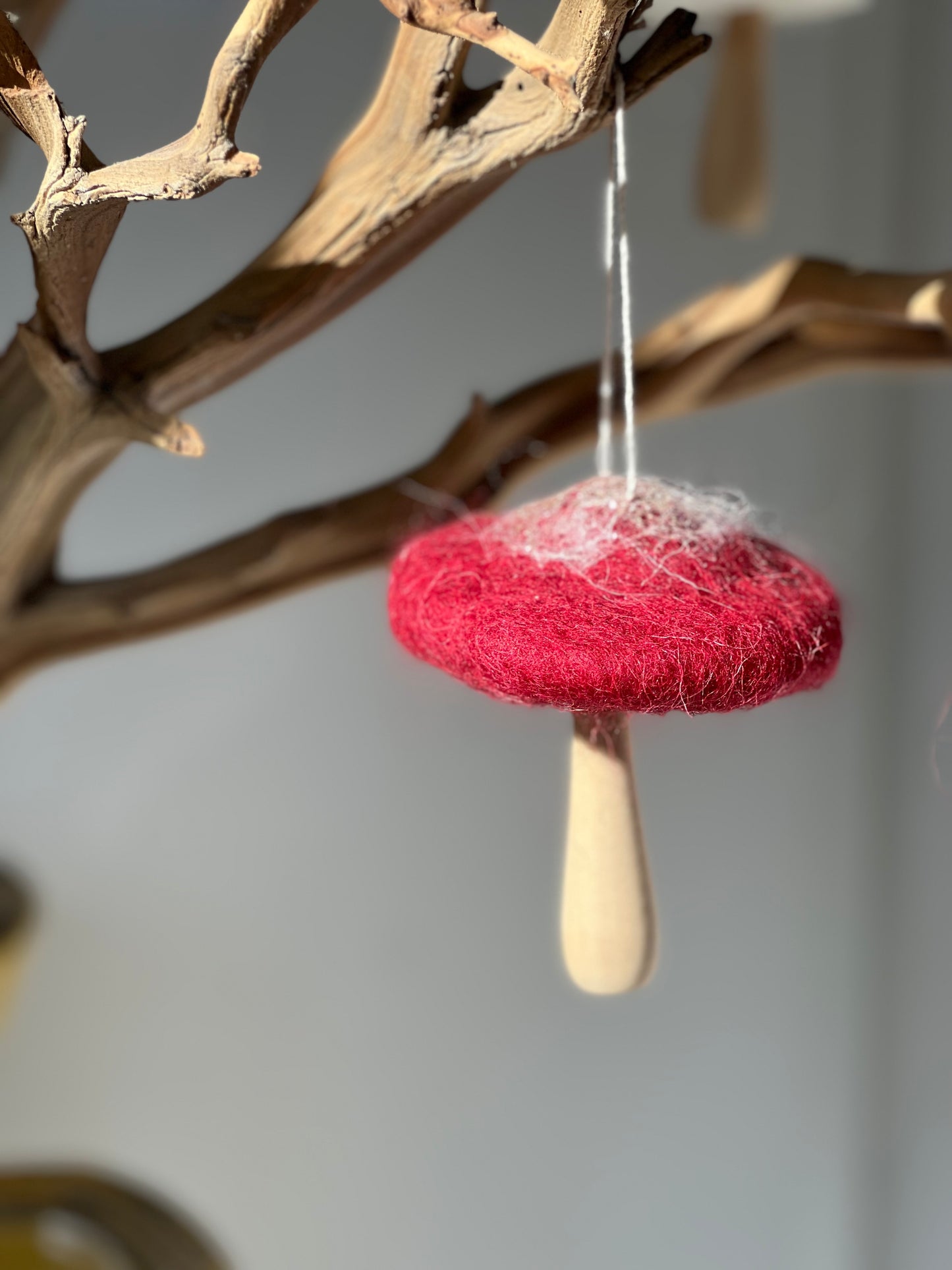 Red Felt Top Mushroom Ornament with Wood Base